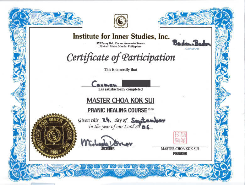 Zertifikat Master Choa Kok Sui - Pranic Healing Course