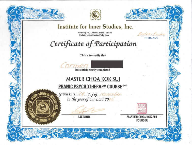 Zertifikat Master Choa Kok Sui - Pranic Psychotherapy Course