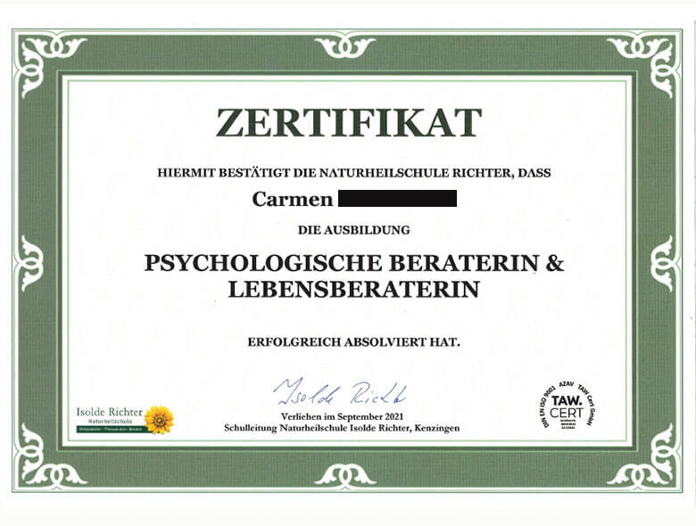 Zertifikat Psychologische Beratung & Lebensberaterin